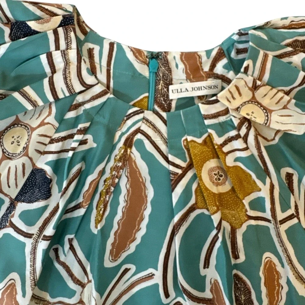 Ulla Johnson Jamilah Puff Short Sleeve‎ Silk Blouse Topaz-Navy-Tan Sz 2  EUC